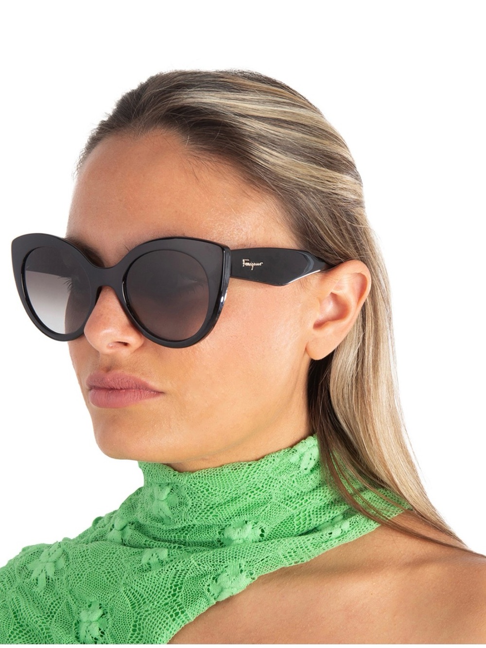 Salvatore Ferragamo Black Oversized Cat-Eye Sunglasses with Gradient Lenses